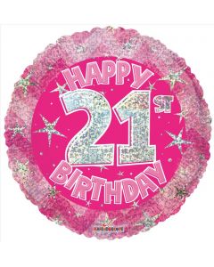 BALLOONS FOIL Pink Holographic Happy 21st Birthday Balloon - 18 inch (Pack Size: 1)