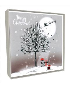 Night Scene with Tree & Santa in the Sky White Christmas Handcrafted Solid Boxed Cards TT CHRISTMAS (Pack Size: 6)
