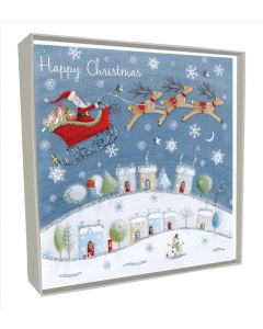 Santa Flying over Village White Christmas Handcrafted Solid Boxed Cards TT CHRISTMAS (Pack Size: 6)